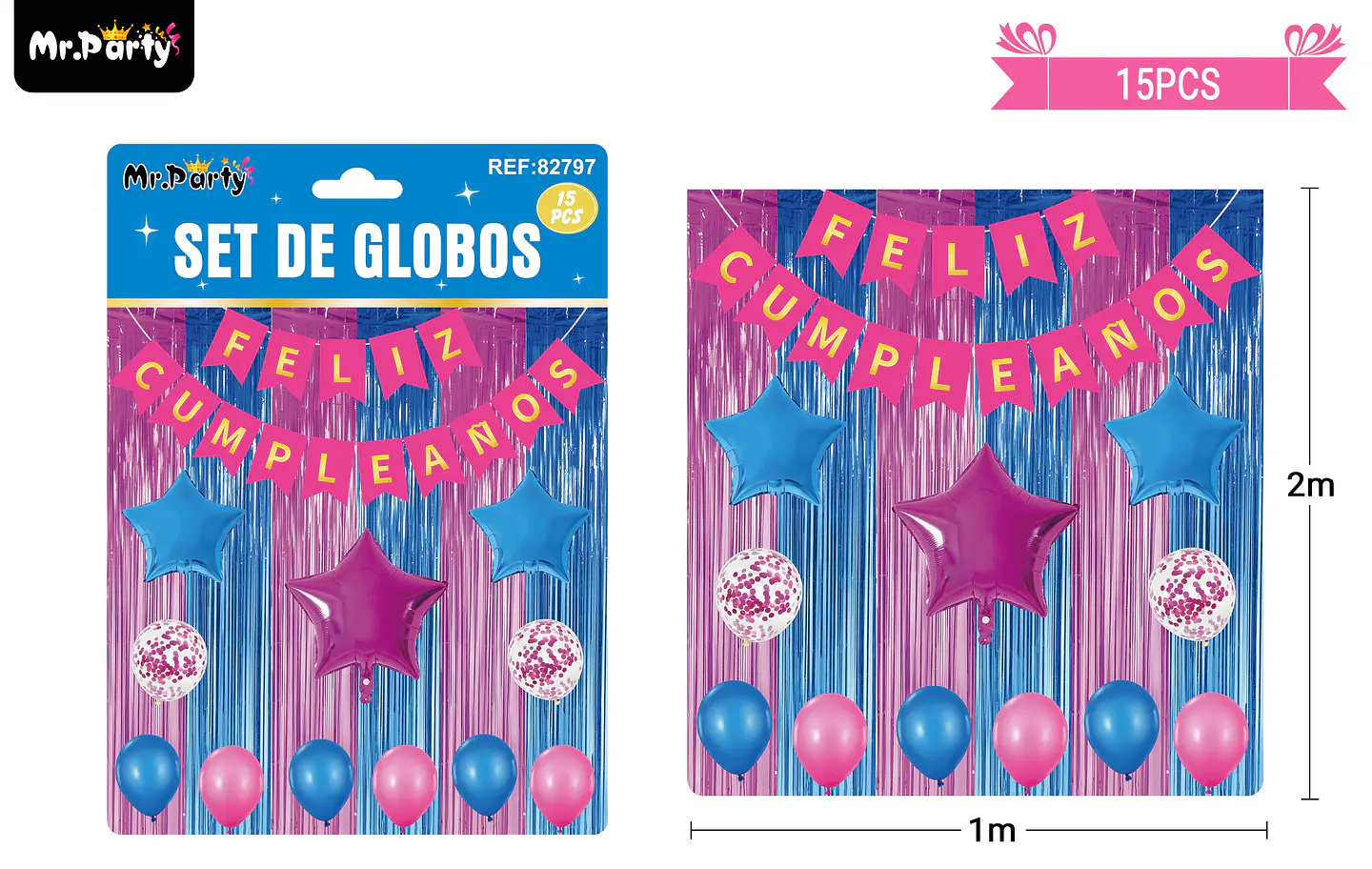 Set de globos y guirnalda con cortina rosa azul 15pcs 2