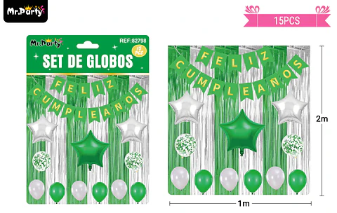 Set de globos y guirnalda con cortina verde plateado 15pcs