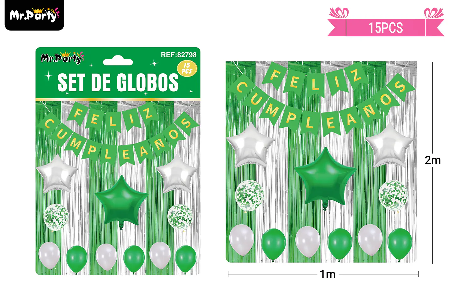Set de globos y guirnalda con cortina verde plateado 15pcs 1