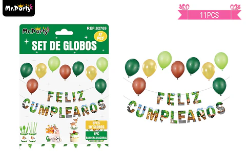 Set de globos látex y guirnalda con animales 11pcs