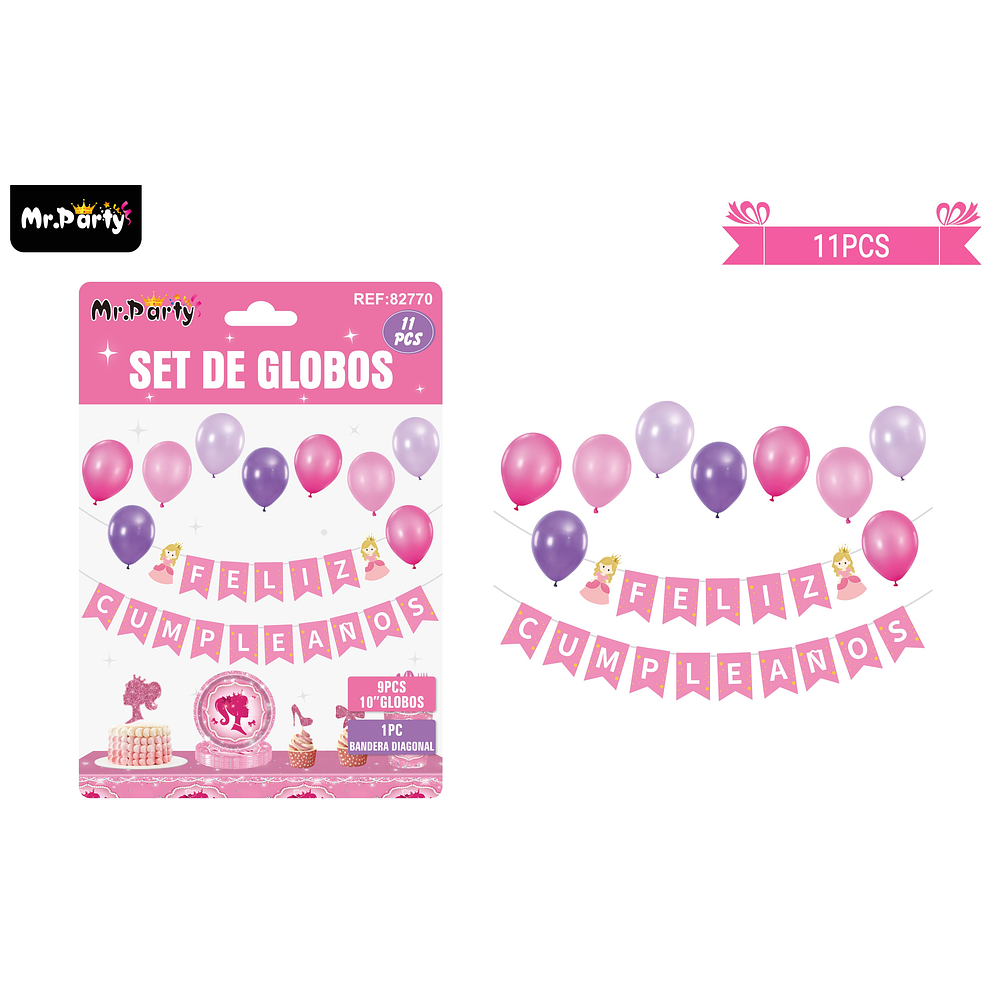 Set de globos látex y guirnalda con princesa 11pcs