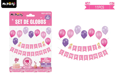 Set de globos látex y guirnalda con princesa 11pcs
