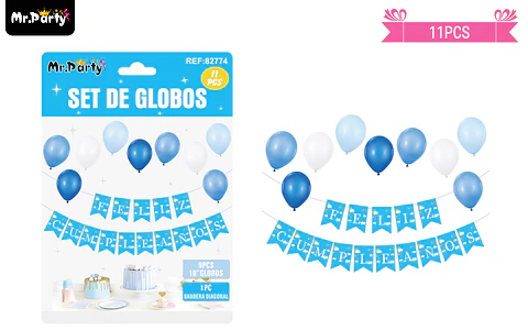 Set de globos látex y guirnalda azul 11pcs