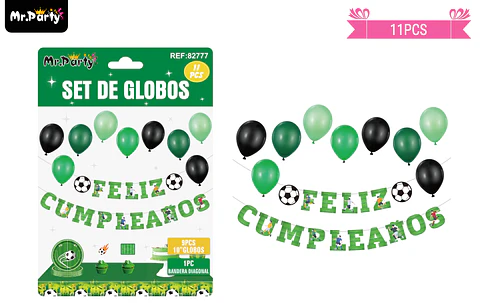Set de globos látex y guirnalda con fútbol 11pcs