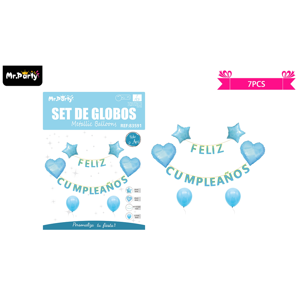 Set de globos y guirnalda azul con estrella y corazón 7pcs