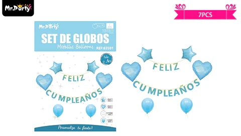 Set de globos y guirnalda azul con estrella y corazón 7pcs