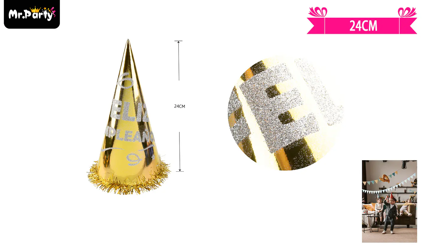 Gorro cotillón feliz cumpleaños dorado 24cm 2