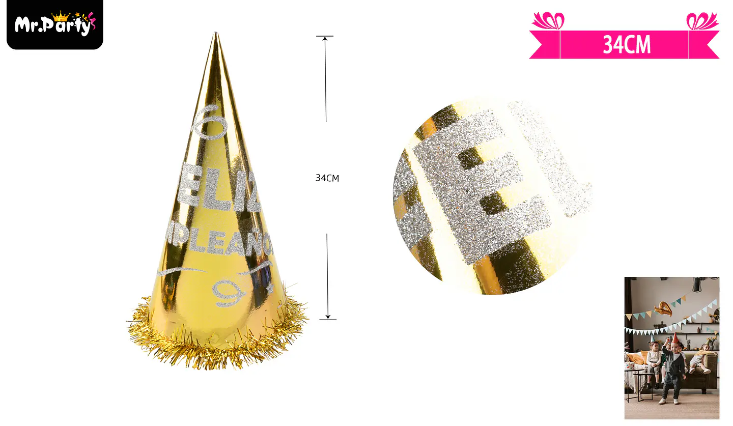 Gorro cotillón feliz cumpleaños dorado 34cm 2