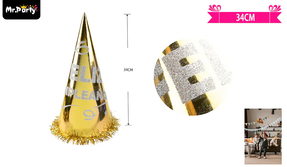 Gorro cotillón feliz cumpleaños dorado 34cm 2