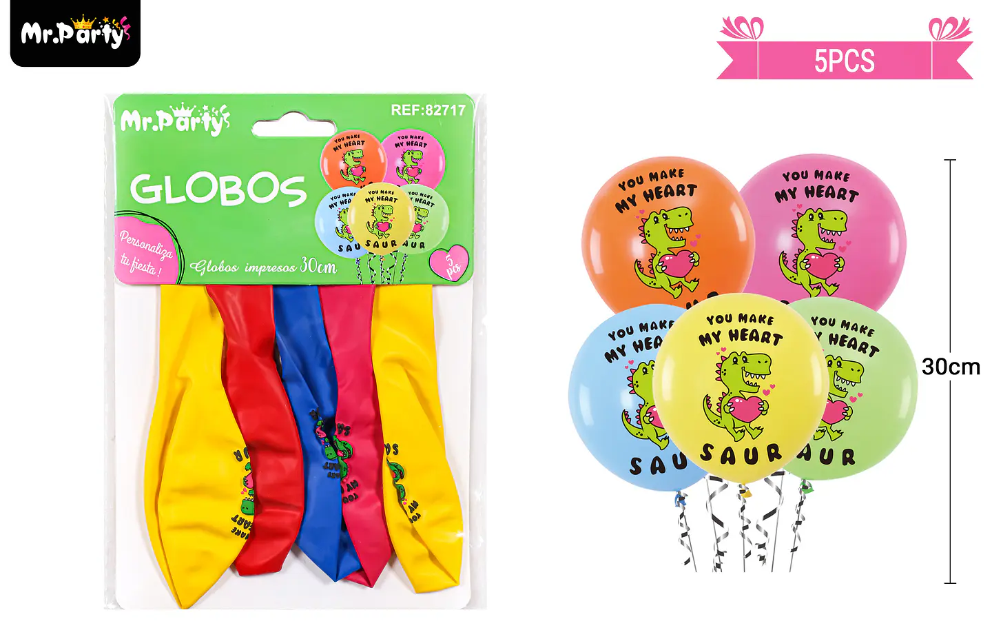 Globos de látex mate multicolor con dinosaurios 30cm 5pcs 1