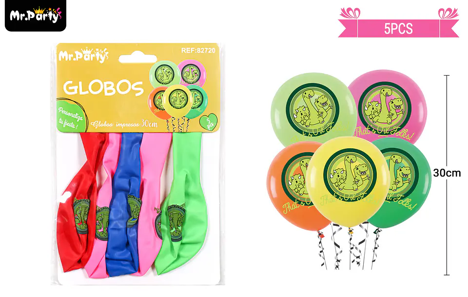 Globos de látex mate multicolor con dinosaurios 30cm 5pcs 1