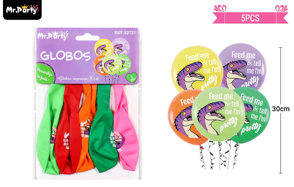 Globos de látex mate multicolor con dinosaurios 30cm 5pcs 1