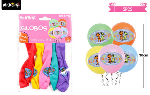 Globos de látex mate multicolor con dinosaurios 30cm 5pcs
