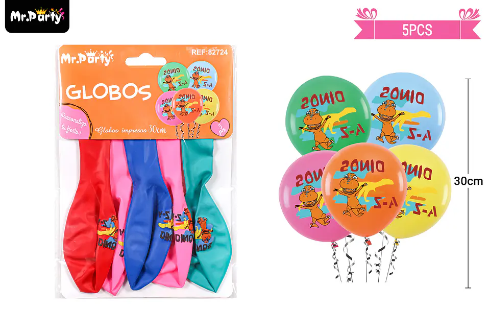 Globos de látex mate multicolor con dinosaurios 30cm 5pcs 1