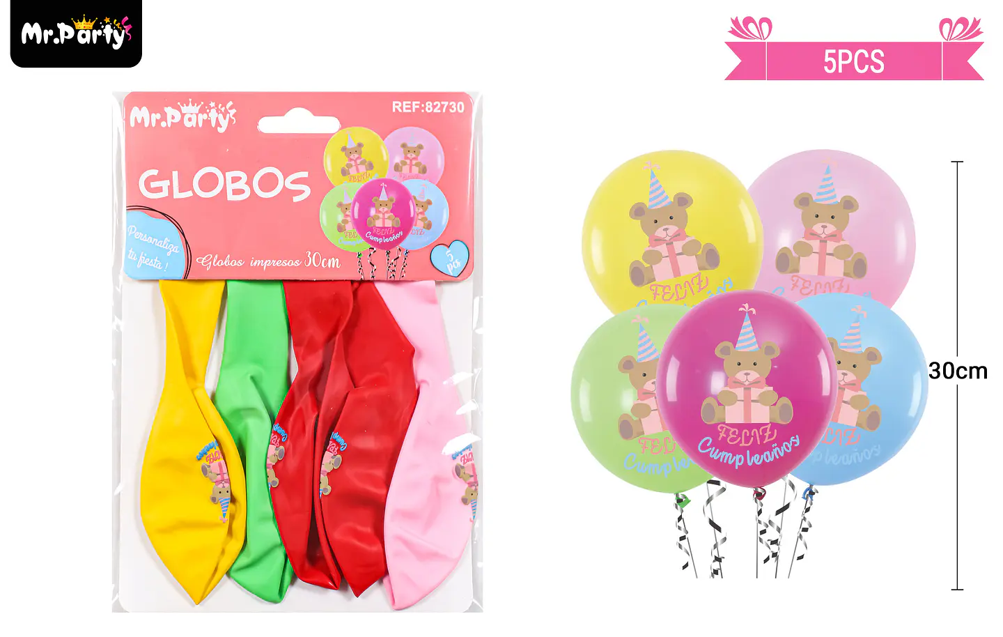 Globos de látex cumpleaños multicolor mate con oso 30cm 5pcs 1