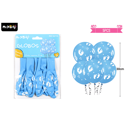 Globos de látex mate celeste baby shower con estampado de huella blanco 30cm 5pcs