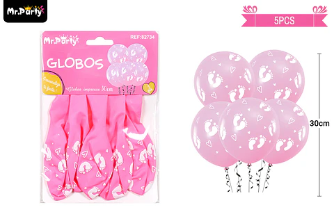Globos de látex mate rosado baby shower con estampado de huella blanco 30cm 5pcs