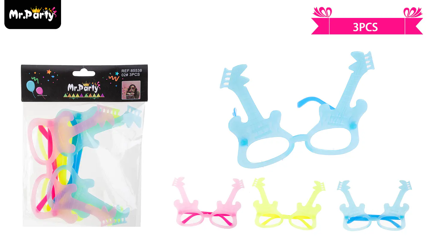 Lentes cotillón guitarra fluor colores surtidos 3pcs 1