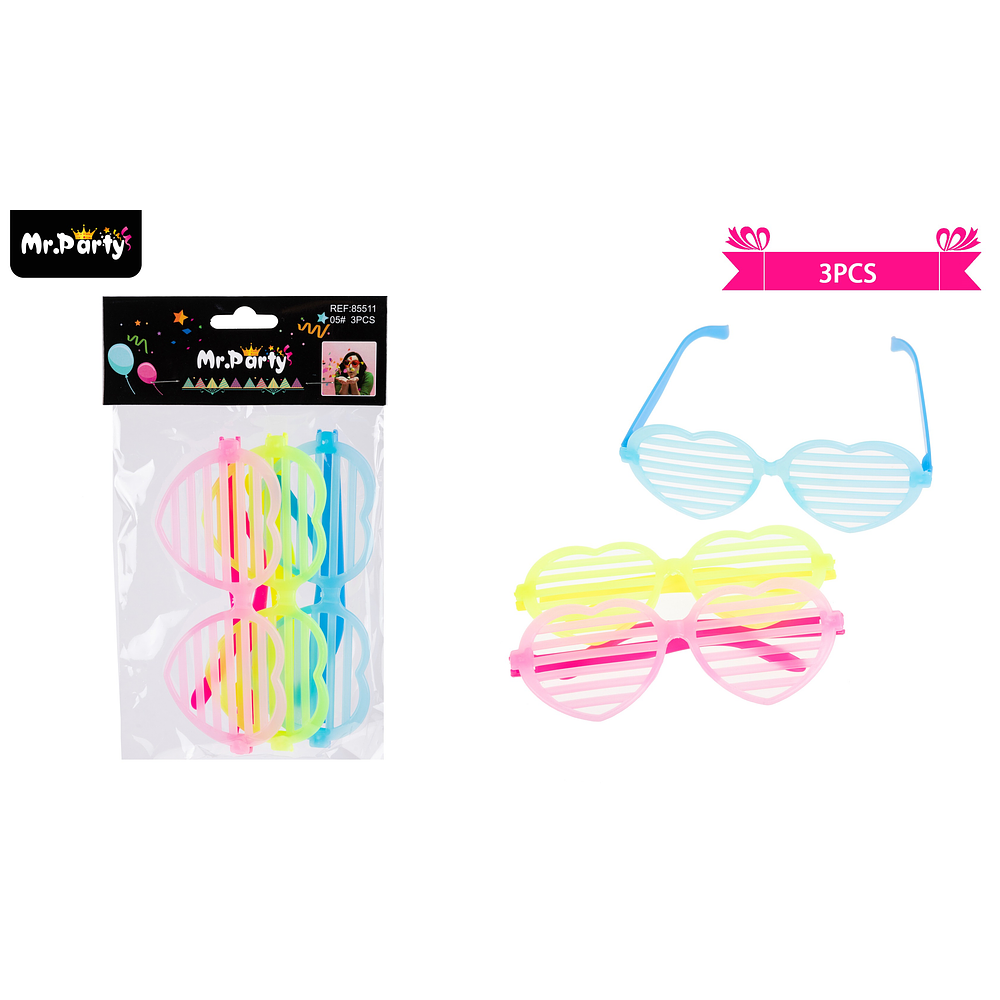 Lentes cotillón corazón fluor colores surtidos 3pcs