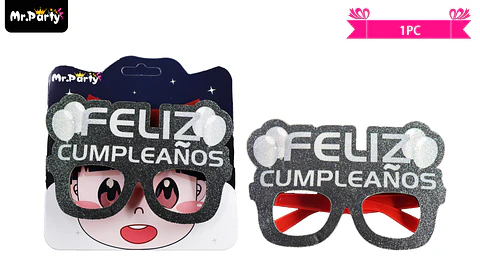 Lentes cotillón feliz cumpleaños con globos plateado