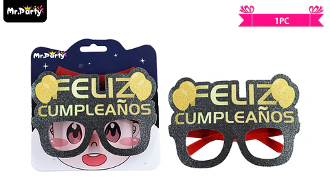 Lentes cotillón feliz cumpleaños con globos dorado