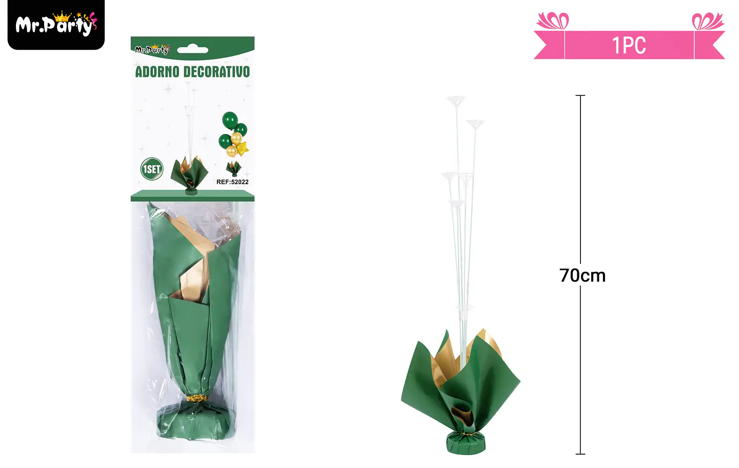Soporte para globos color verde y dorado con varillas 70cm 1