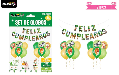 Set de globos látex y guirnalda con animales 21pcs