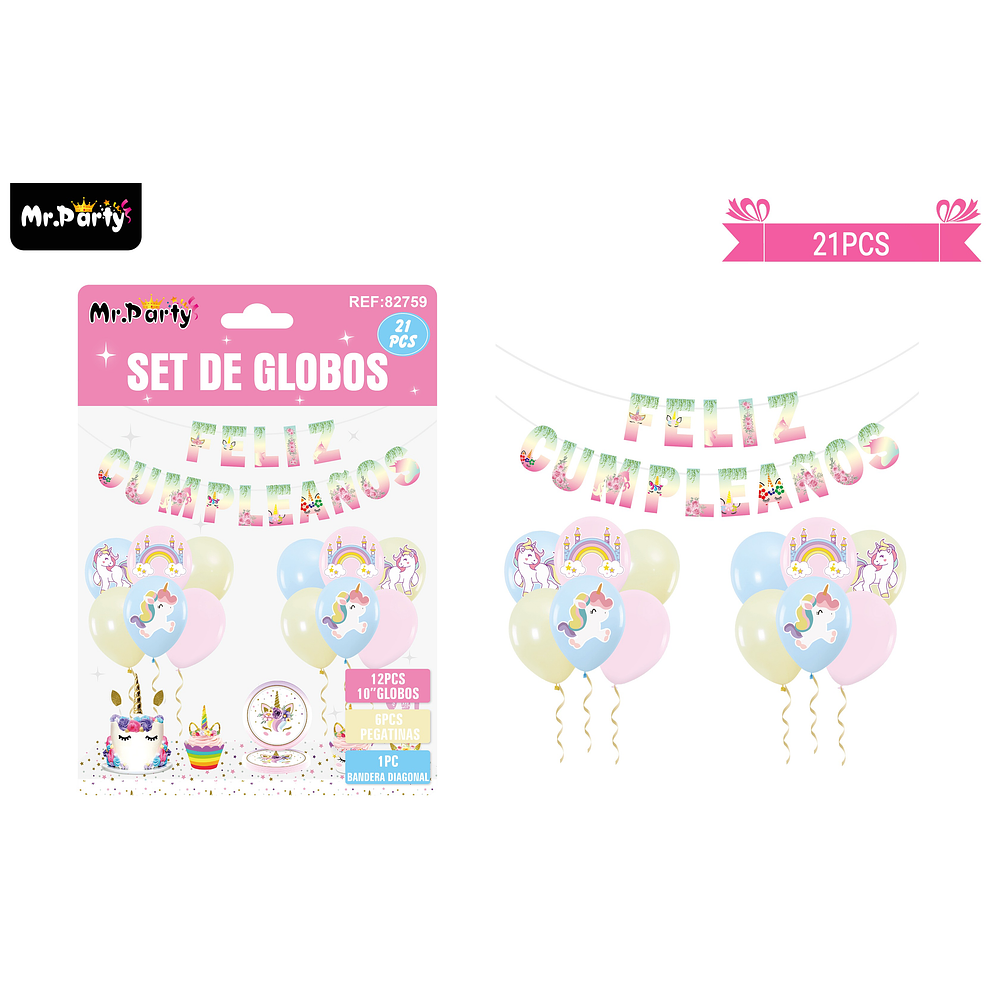 Set de globos látex y guirnalda con unicornio 21pcs