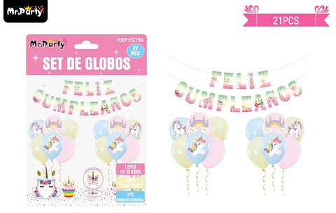 Set de globos látex y guirnalda con unicornio 21pcs