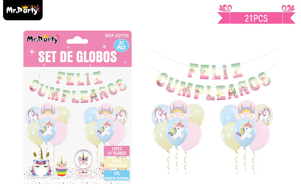 Set de globos látex y guirnalda con unicornio 21pcs 1