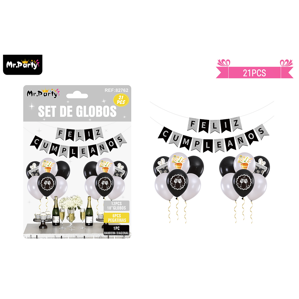 Set de globos látex y guirnalda plateado y negro 21pcs