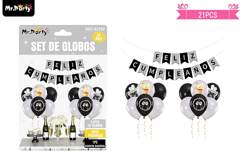 Set de globos látex y guirnalda plateado y negro 21pcs