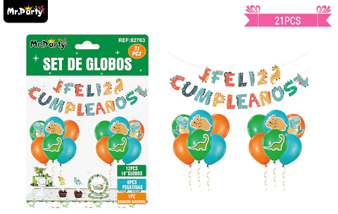Set de globos látex y guirnalda con dinosaurio 21pcs
