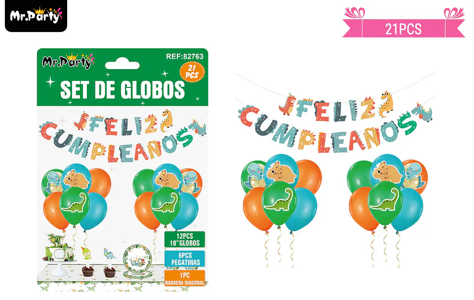 Set de globos látex y guirnalda con dinosaurio 21pcs 1
