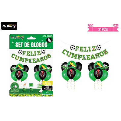 Set de globos látex y guirnalda con fútbol 21pcs