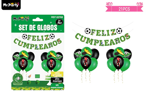 Set de globos látex y guirnalda con fútbol 21pcs