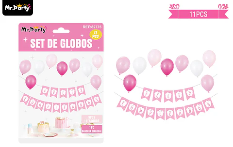 Set de globos látex y guirnalda rosado 11pcs