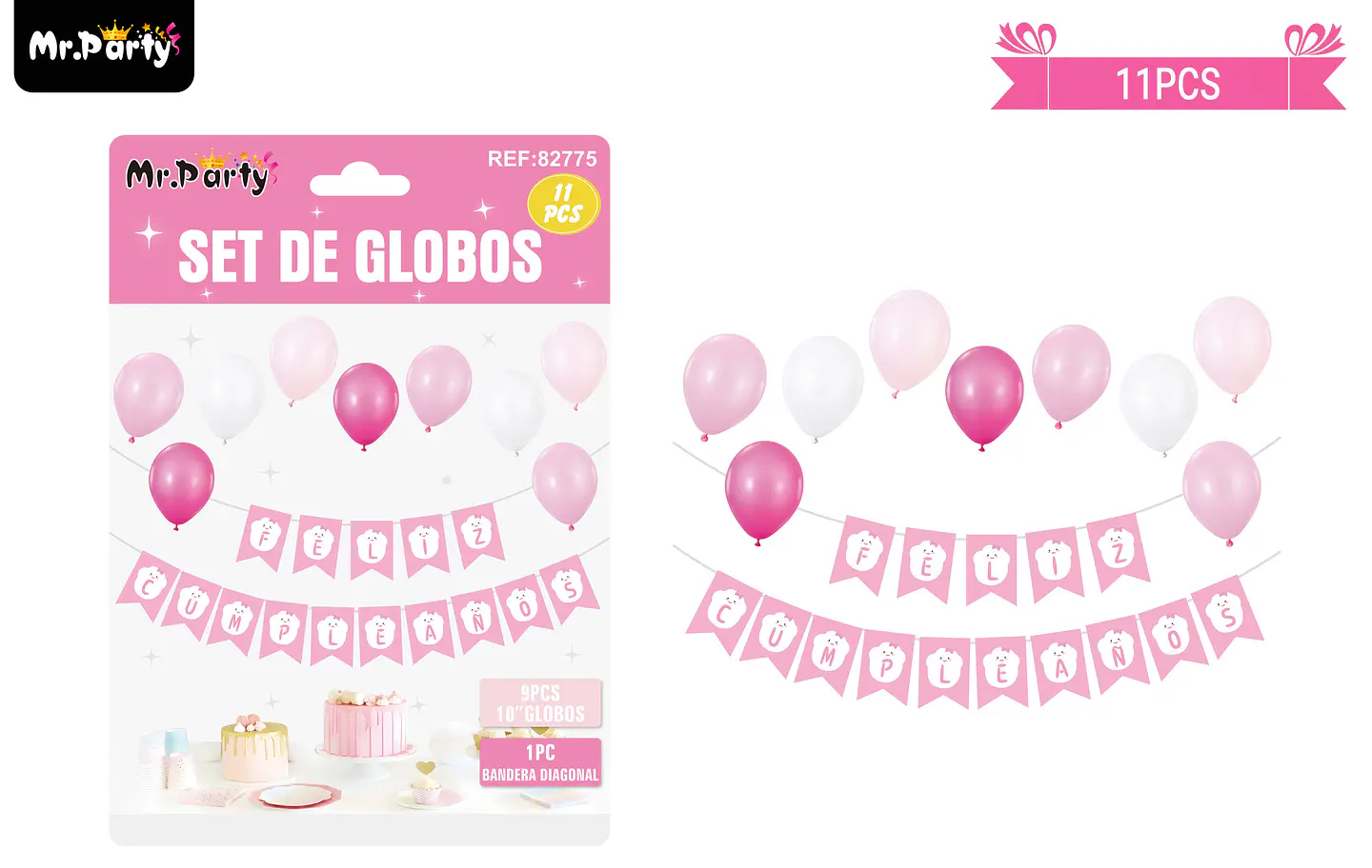 Set de globos látex y guirnalda rosado 11pcs 1