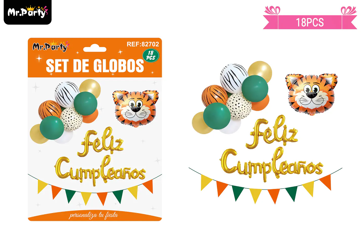 Set de globos y banderines con tigre 18pcs  1