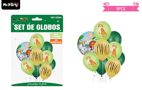 Set globos de látex verde con animales 9pcs