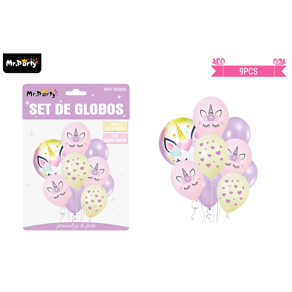 Set globos de látex rosa con unicornio 9pcs