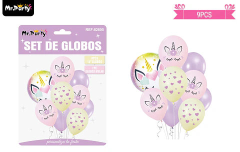 Set globos de látex rosa con unicornio 9pcs