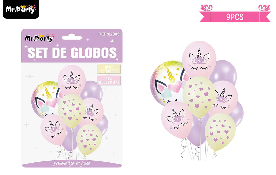 Set globos de látex rosa con unicornio 9pcs 1