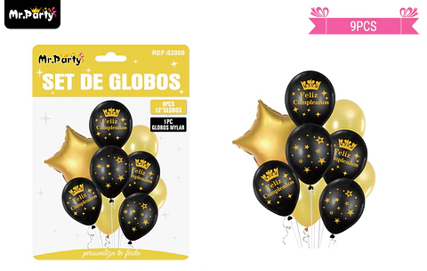 Set globos de látex dorado y negro 9pcs
