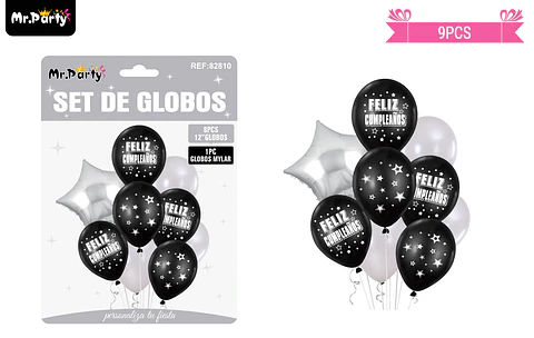 Set globos de látex plateado y negro 9pcs