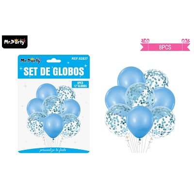 Set de globos celeste con confetti 8pcs