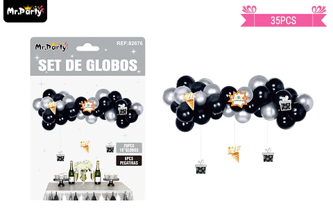 Arco de globos látex plateado y negro con colgantes 35pcs