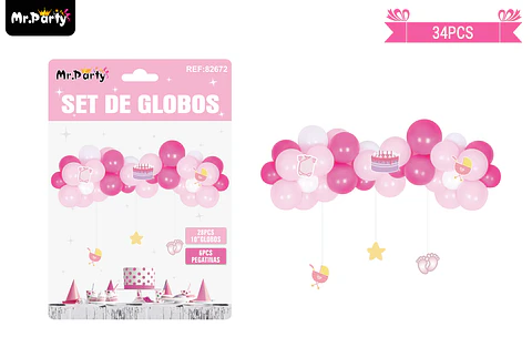 Arco de globos látex rosa para baby shower con colgantes 34pcs