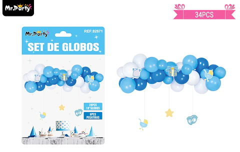 Arco de globos látex celeste para baby shower con colgantes 34pcs