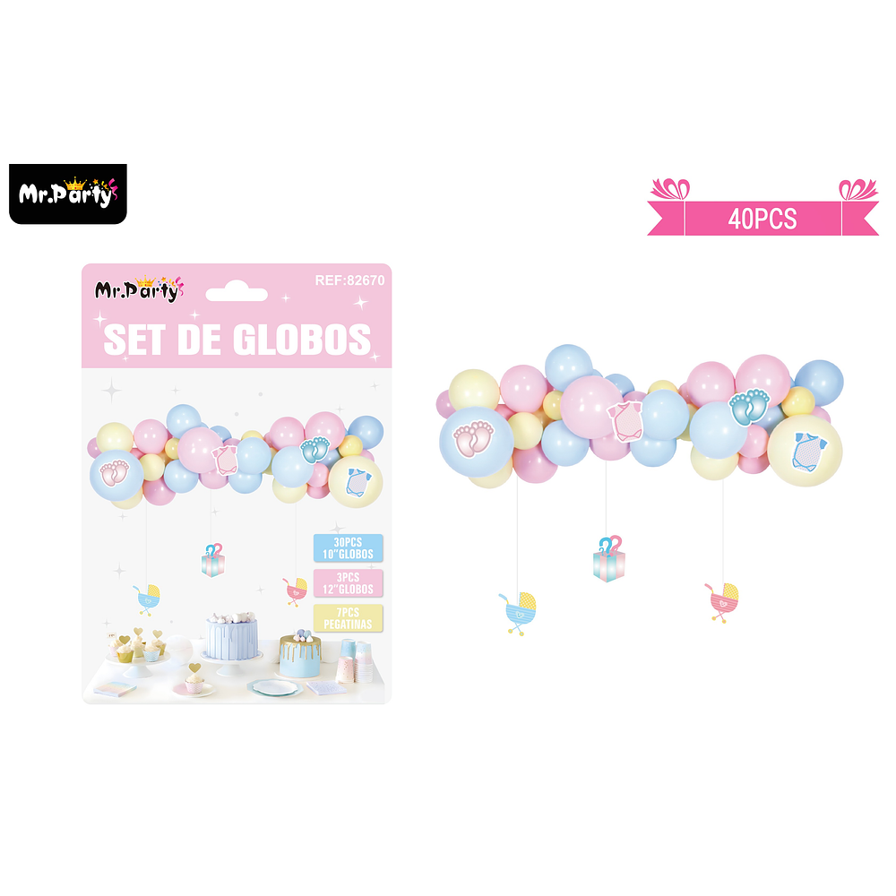 Arco de globos látex para baby shower con colgantes 40pcs